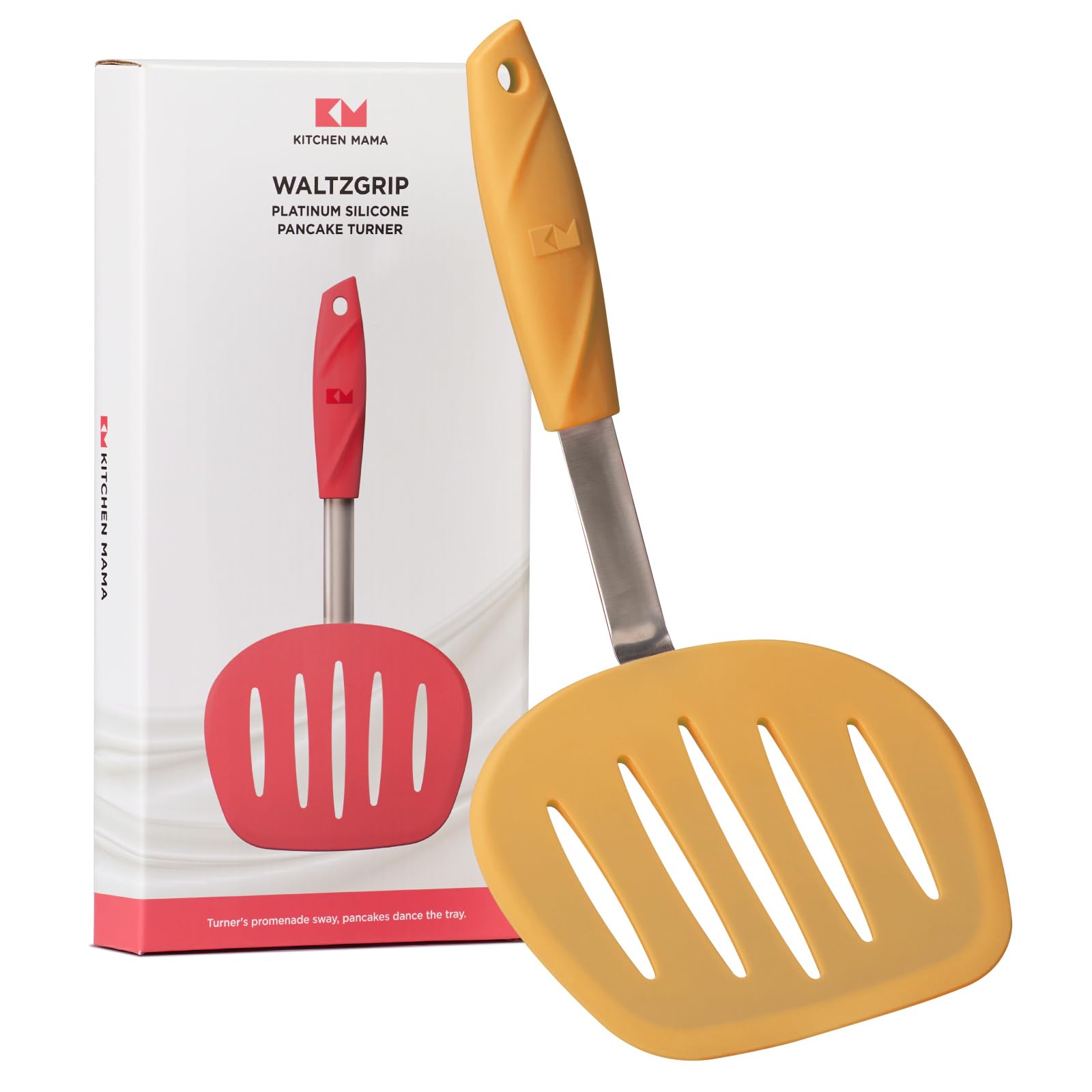 Kitchen Mama WALTZGRIP Platinum Silicone Pancake Spatula Turner: Heat-Resistant, Wide Slotted Tapered Head Stainless Steel Core. Durable, Dishwasher-Safe, Flipping Cooking Needs, Wok Use (Yellow)
