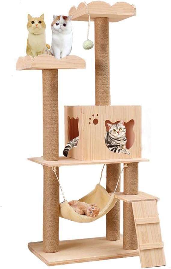 Wooden Cat Tree Condo with Natural Sisal Rope Scratching