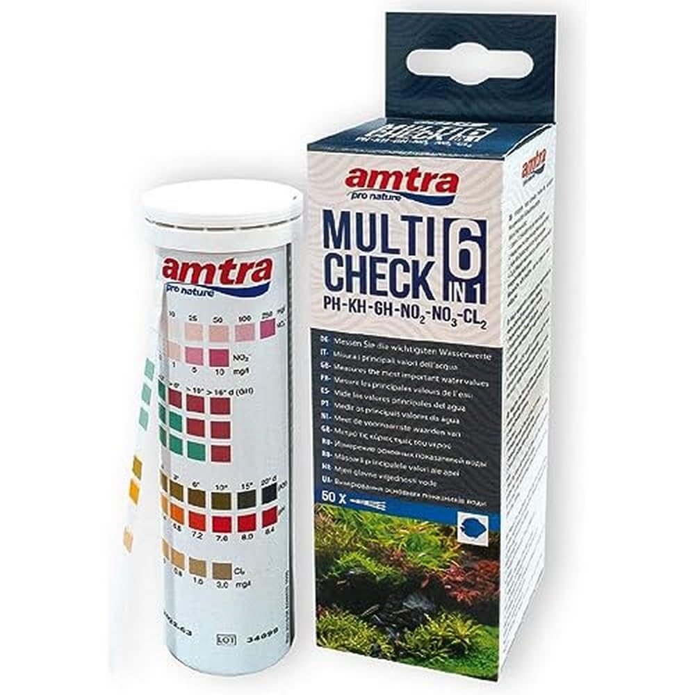 Amtra Multicheck 6 in 1-50 Aquarium Test Strips, Easy and Quick Water Quality Control, pH KH GH NO2 NO3 Cl2, with Reference Scale