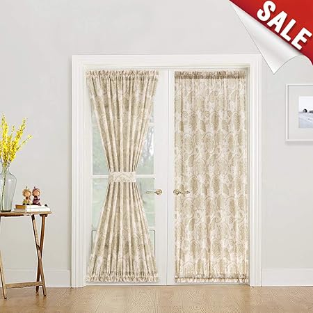 French Door Panel Curtains Paisley Scroll Printed Linen Textured