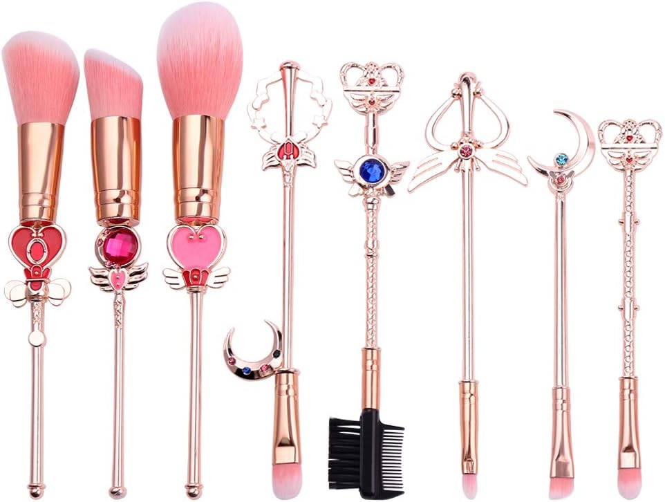Sailor Moon Makeup Brush 8pcs Set With Pouch, Magical Girl Gold/Rose Gold Cardcaptor Sakura Cosmetic Brushes With Cute Pink Bag