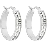 Edforce Stainless Steel Women's 2 Rows of AAA Cubic Zirconia Stones Outlined Classic Hoop Earrings