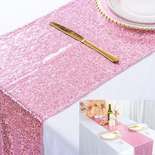 ShinyBeauty 12x72-Inch Glitter Sequin Table Runner, Pink Gold Sparkly Wedding Decor, 30cm x 180cm Dining Table Cover for Birthday Christmas Party Celebration