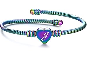 MYNENEY Gold/Rainbow Stainless Steel Bangles Jewery for Birthday Halloween Heart Initial A-Z Letters Bracelets for Girls