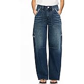 Madrirdma Barrel Jeans for Women Trandy Mid Rise Wide Leg Baggy Straight Stretch Multi Pocket Denim Jeans
