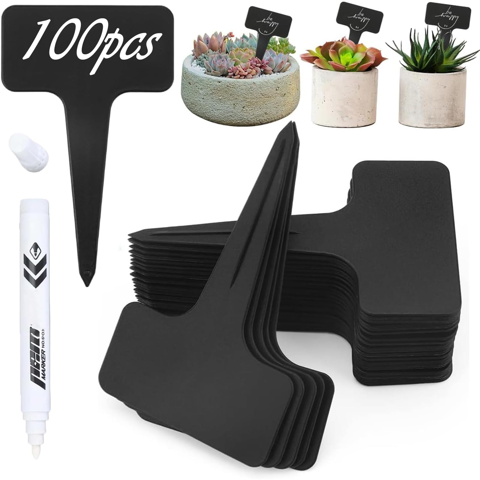 100 PCS Plant Labels, Plastic Plant Label with White Waterproof Pen, T-Type Plant Labels for Outdoor Plants, Plant Markers Set for Green House Accessories, Gifts for Gardening Enthusiasts
