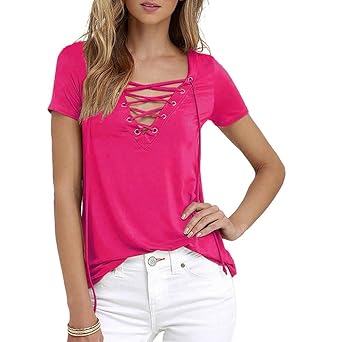 Shujin Damen Sommer T-Shirt V-Ausschnitt mit Schnürung Bandage Vorne Kurzarmshirt Bluse Lässig Oberteile Tops