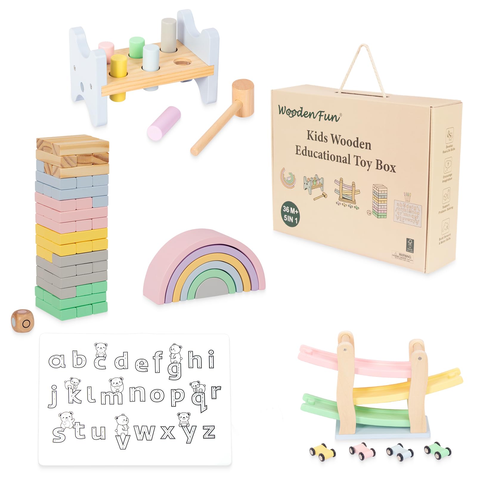WOODENFUN Montessori Toy Set Children's Enlightenment Wooden Toy 5 Pieces Set with Wood Stacked Building Blocks Ramp Car Racing Track 3+ Years Children's Gift Bag (Set 2)