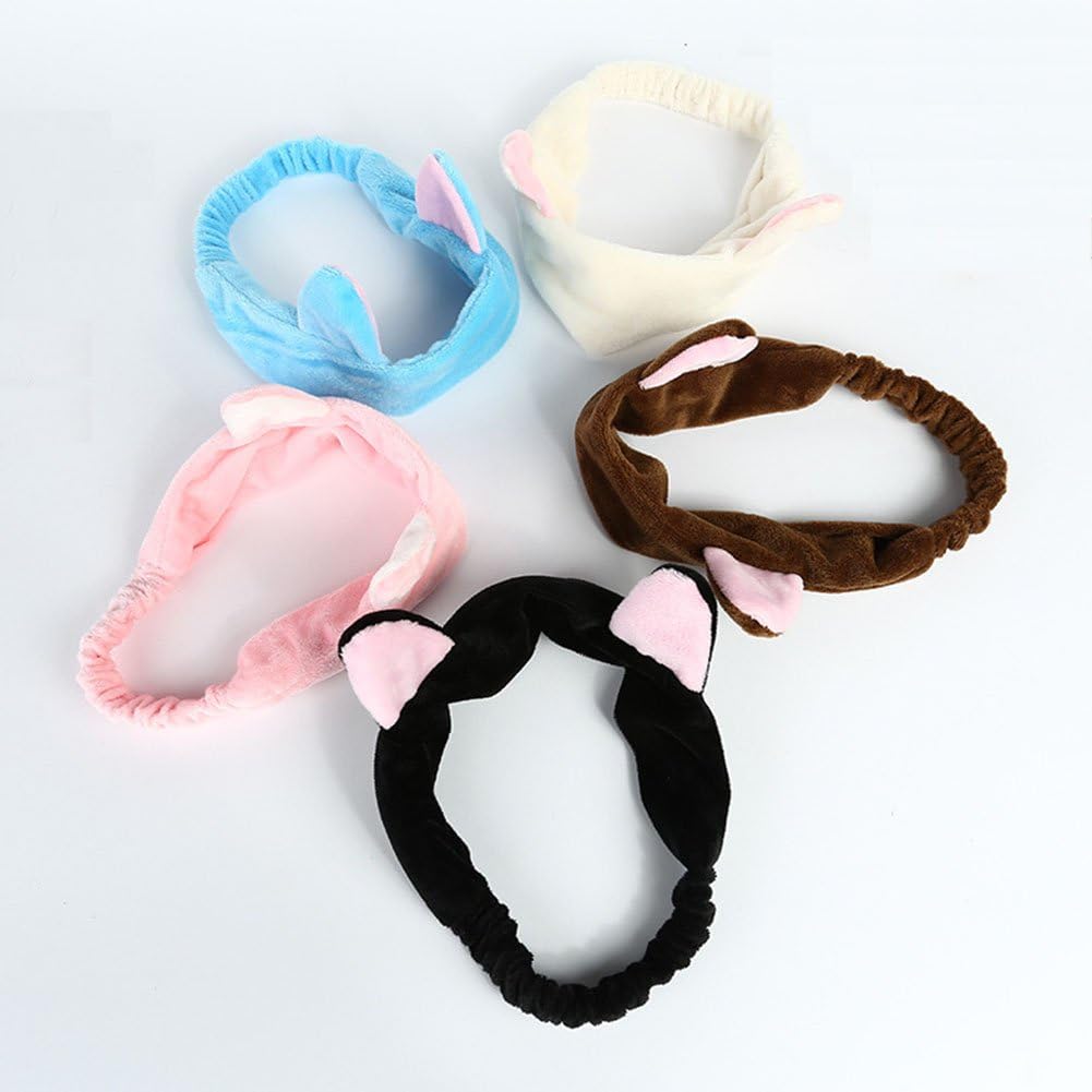 Rommaner 5 Packs of Plush Cute Cat Ear Hairband Colored Elastic Headband Adorable and Comfortable Makeup Cosmetic Facial Cleasing Headband for Women Girls