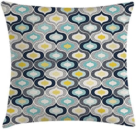Modern Decor Throw Pillow Cushion Cover, Geometric Morrocan Mediterrain Style Dots with Ornamental Details Image, Decorative Square Accent Pillow Case,Blue and White 16X16 inches
