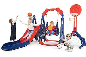 NYEEKOY 5 in 1 Toddler Slide and Swing Playset Indoor Outdoor Kids, Toddler Playground with Basketball Hoop and Long Slide, Backyards Silde Sets for Baby