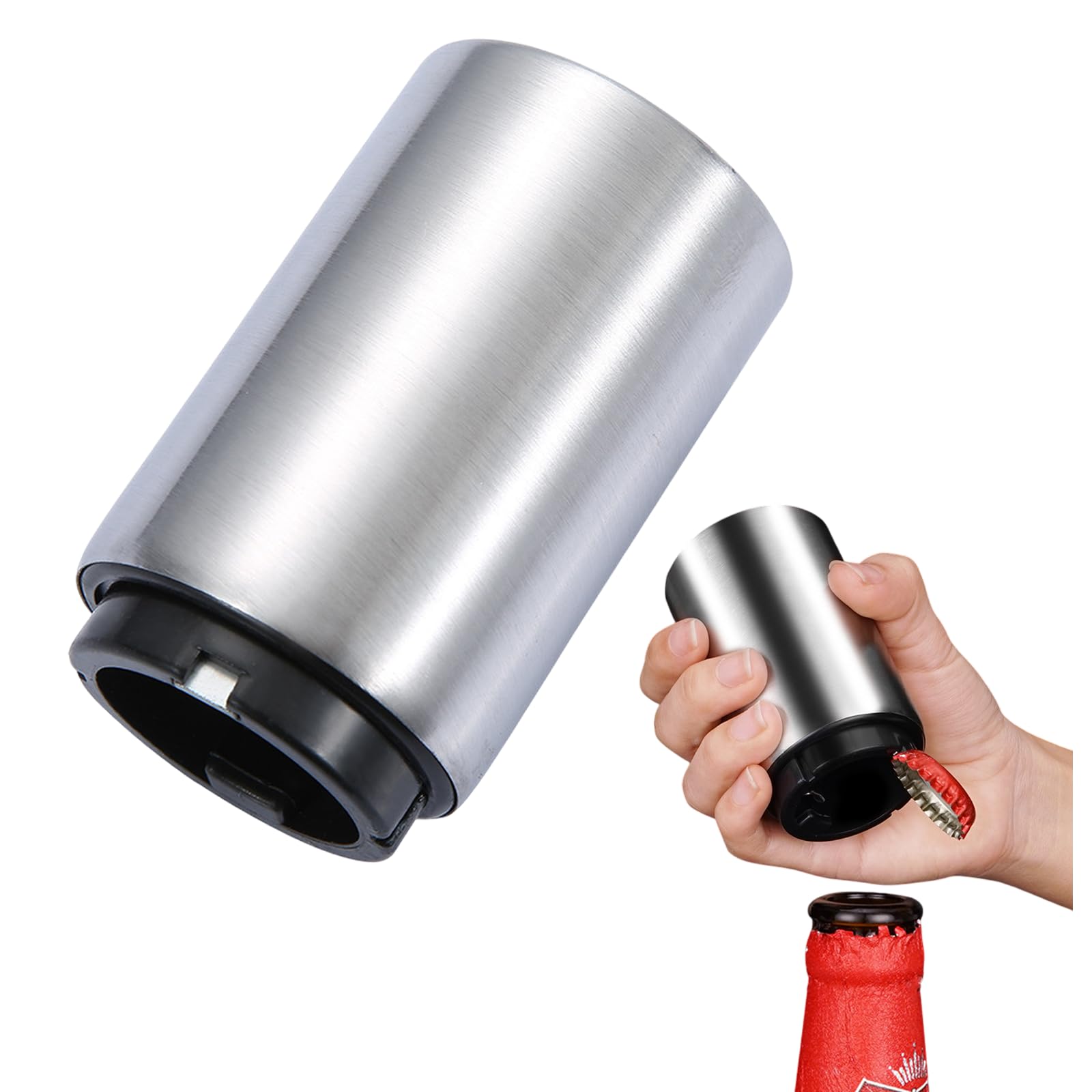 Automatic Beer Opener (Black), Magnetic Stainless Steel Automatic Novelty Press Down Bottle Opener for Soda Cola Cap Top Bottle Caps Remover Men