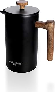 Poliviar French Press Kaffeebereiter 1 Liter/8 Tassen, Doppelwandige Isolierte Kaffeekanne und Teebereiter, Handfilter Kaffeepresse mit Plunger & Griff aus Holz, Vintage (Schwarz) JX2019-FPB10-DE