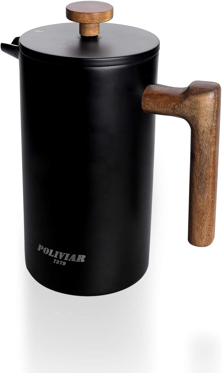 Poliviar French Press Kaffeebereiter 1 Liter/8 Tassen, Doppelwandige Isolierte Kaffeekanne und Teebereiter, Handfilter Kaffeepresse mit Plunger & Griff aus Holz, Vintage (Schwarz) JX2019-FPB10-DE