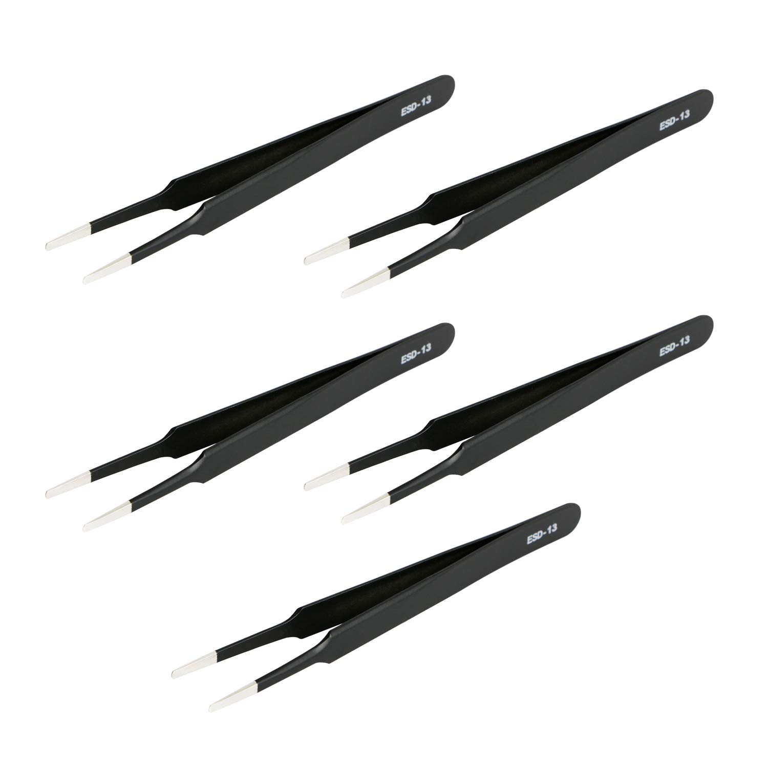 Aoje-Link ESD-13 Professional Anti-Static Precision Technology Tweezers, Non-Magnetic Flat and Round, Stainless Steel Plastic Coated, Full Length 120mm, Black, 5pcs