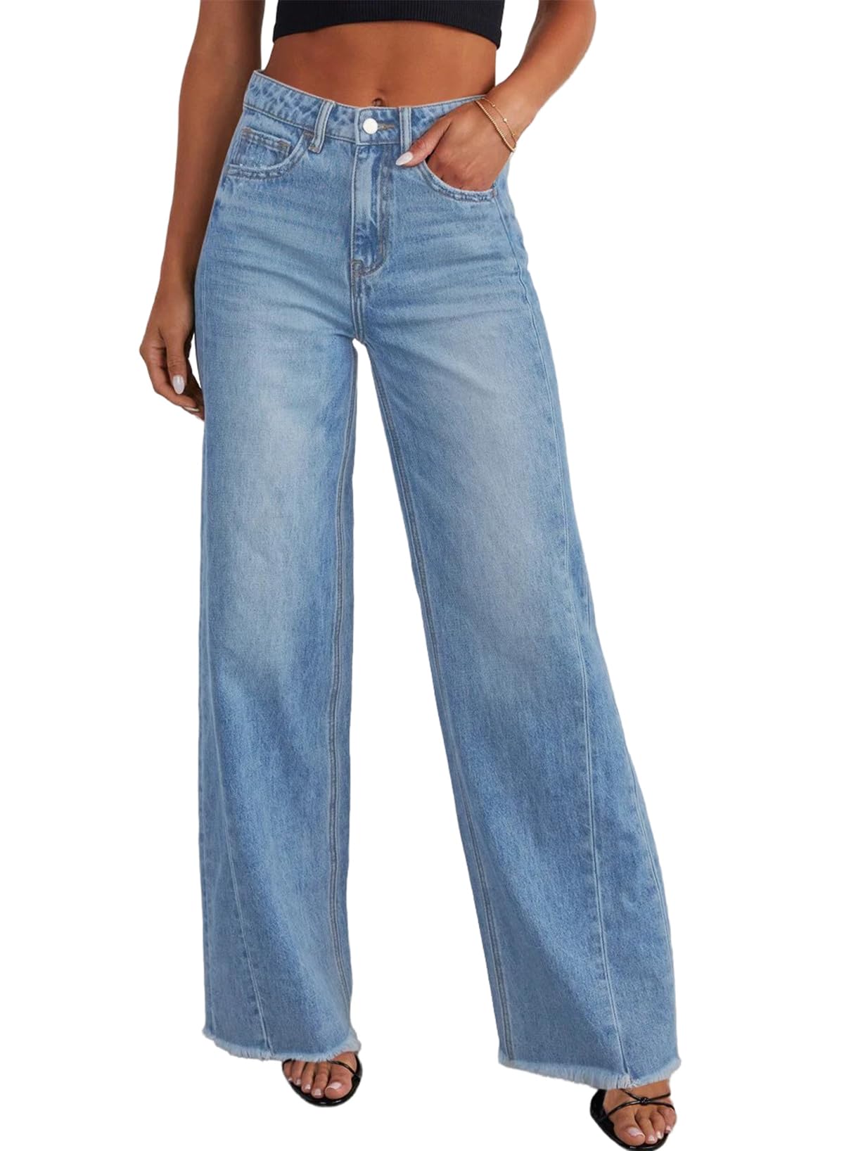 Photo 1 of Sidefeel Women's Wide Leg Jeans High Waisted Stretchy Raw Hem Denim Pants Size 16 Light Blue
