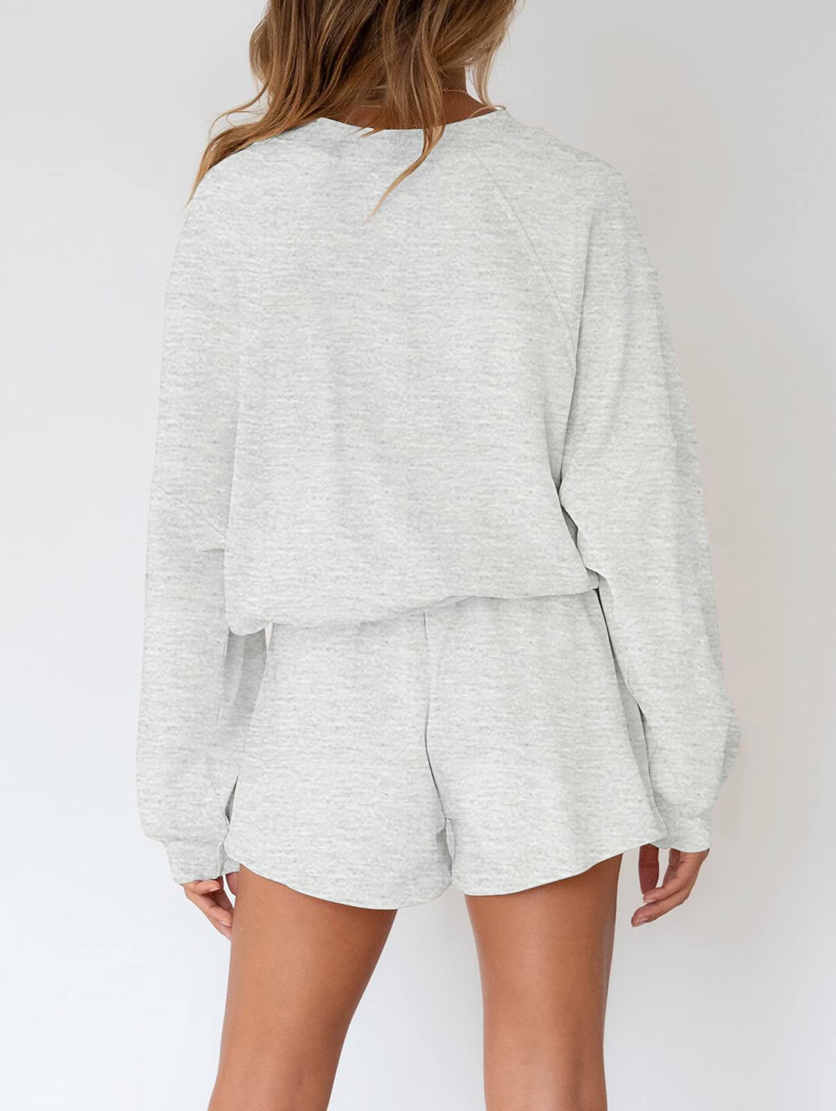 MEROKEETY Women's 2025 Fall Oversized Batwing Sleeve Lounge Sets Casual Top and Shorts 2 Piece Outfits Sweatsuit Light Grey - Image 4