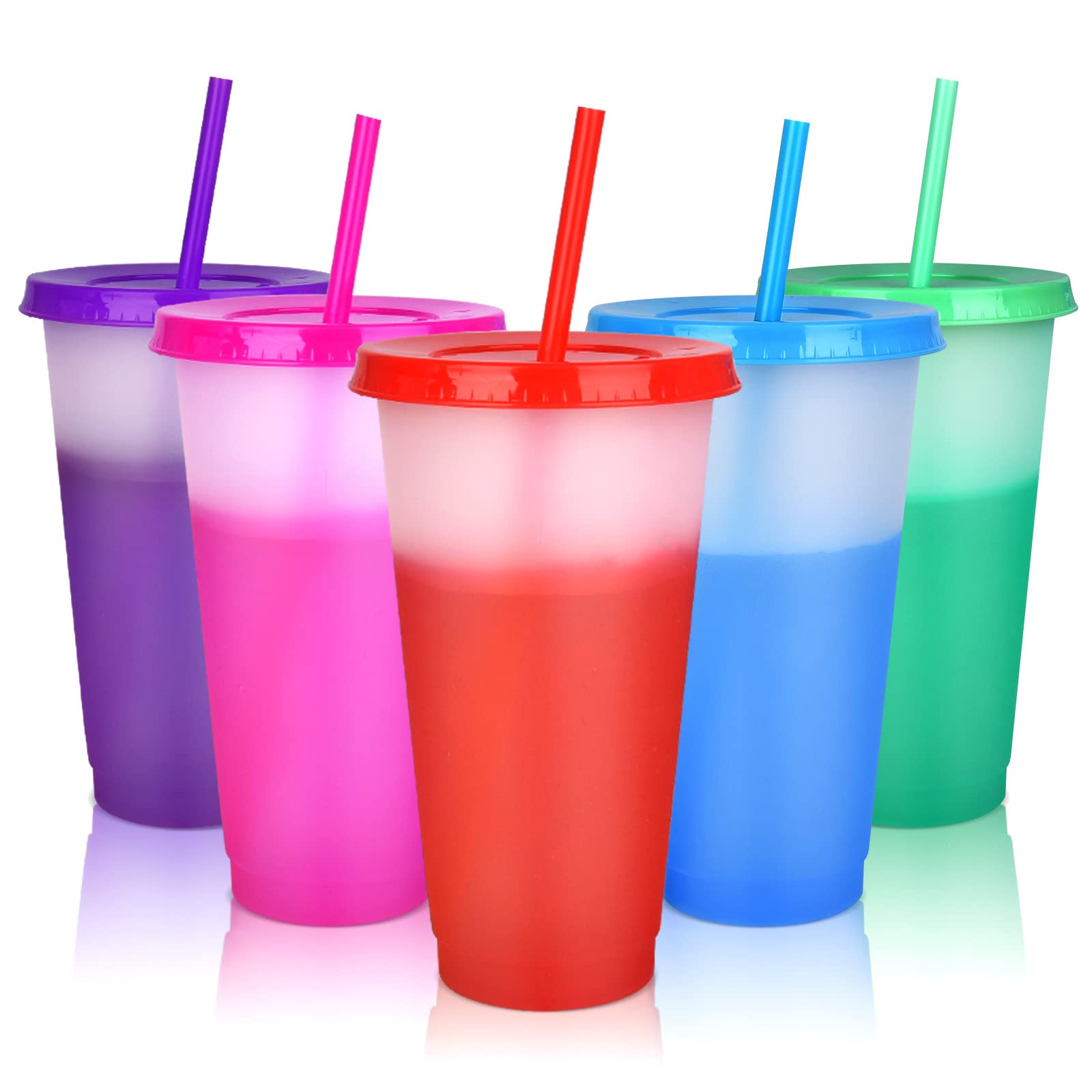 NUZEKY Cold Drink Cups with Lids & Straws for Iced Coffee,Party -Colour Changing, 5 Pack Reusable Bulk Plastic Cute Tumblers for Adults - 24oz