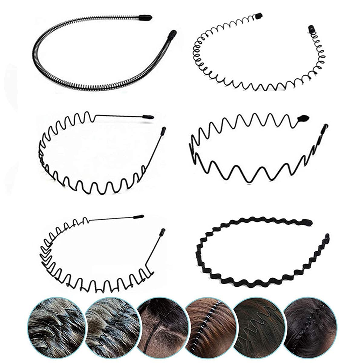 Elastic Wavy Spring Wave Hair Hoop, Multi-Style Black Non-slip Metal,Unisex Sport Fashion Hair Band Accessories for Women and Men(6 Pieces)