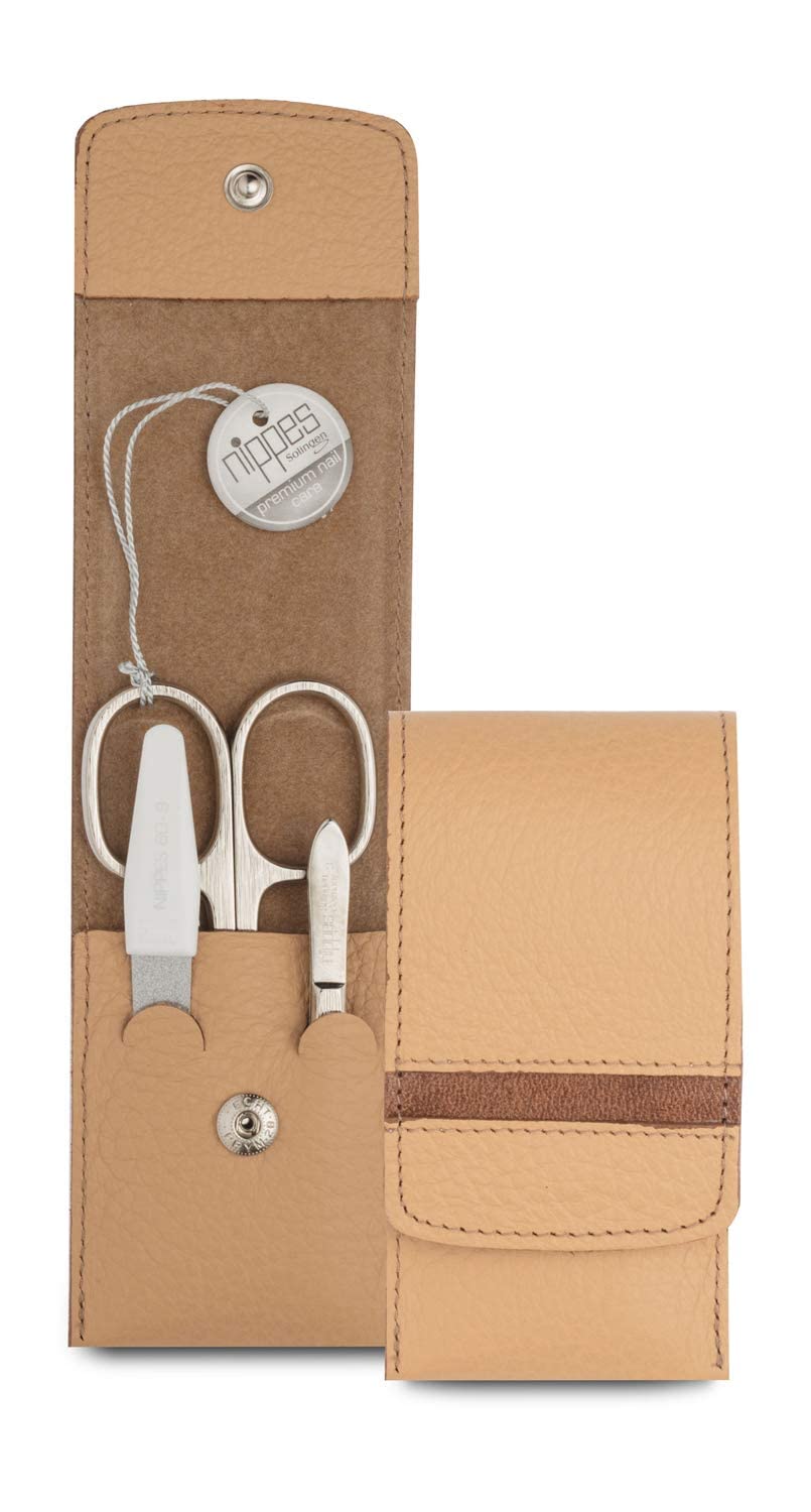Nippes Solingen Nippes Premium Line Manicure Set - 3 Pieces - Genuine Cowhide Leather Case with Press Stud - Beige