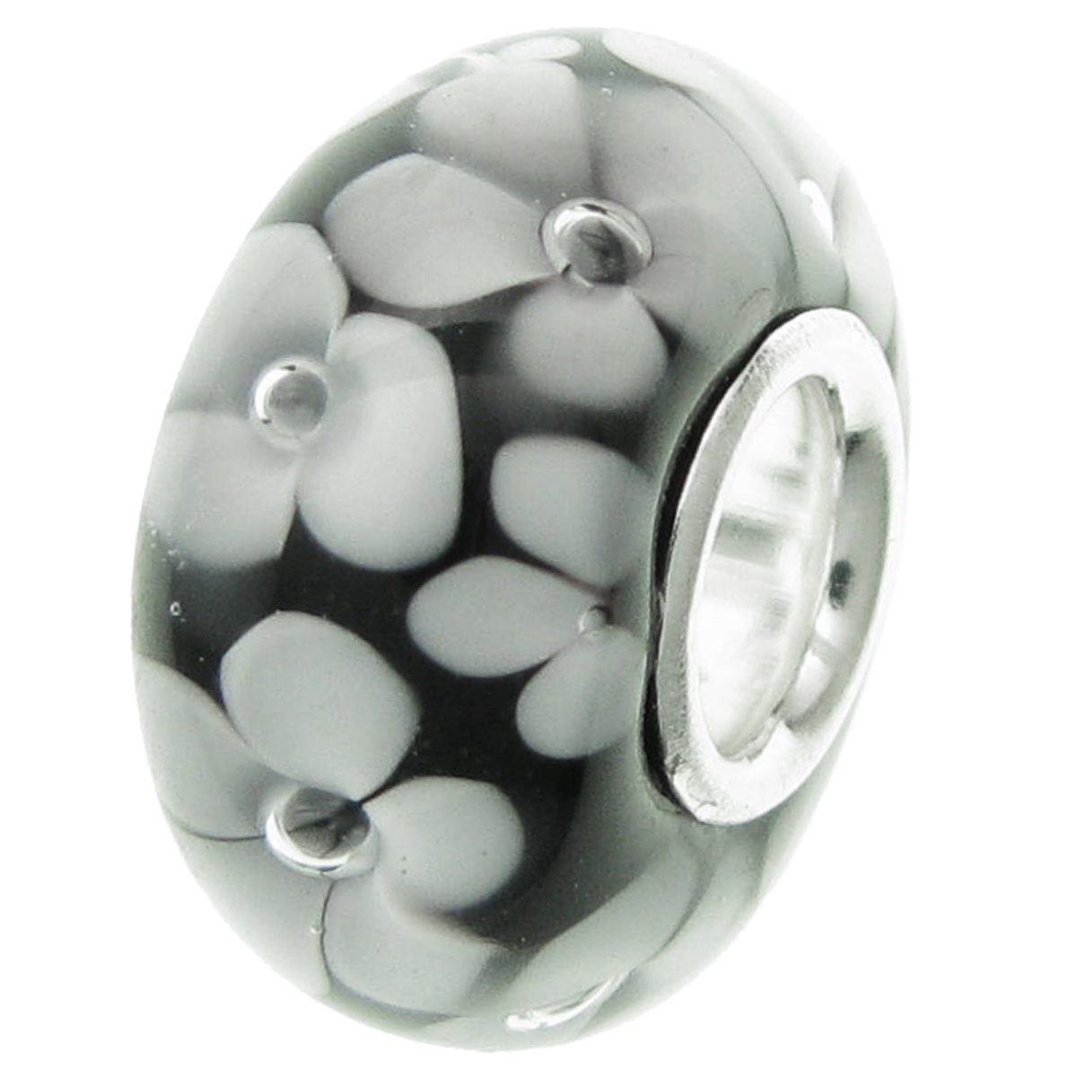 Queenberry Sterling Silver Black Daisy Flower European Style Glass Bead Charm