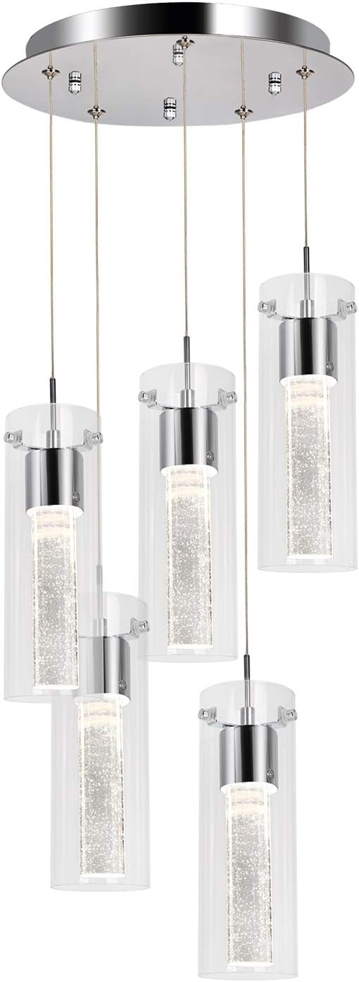 5-Light Pendant Ceiling Fixture, Integrated LED Kitchen Lighting, 30W (180 Watt Equivalent) CRI 90+, 2250lm Premium Bubble Glass with Chromed Finished ETL Listed - - 
