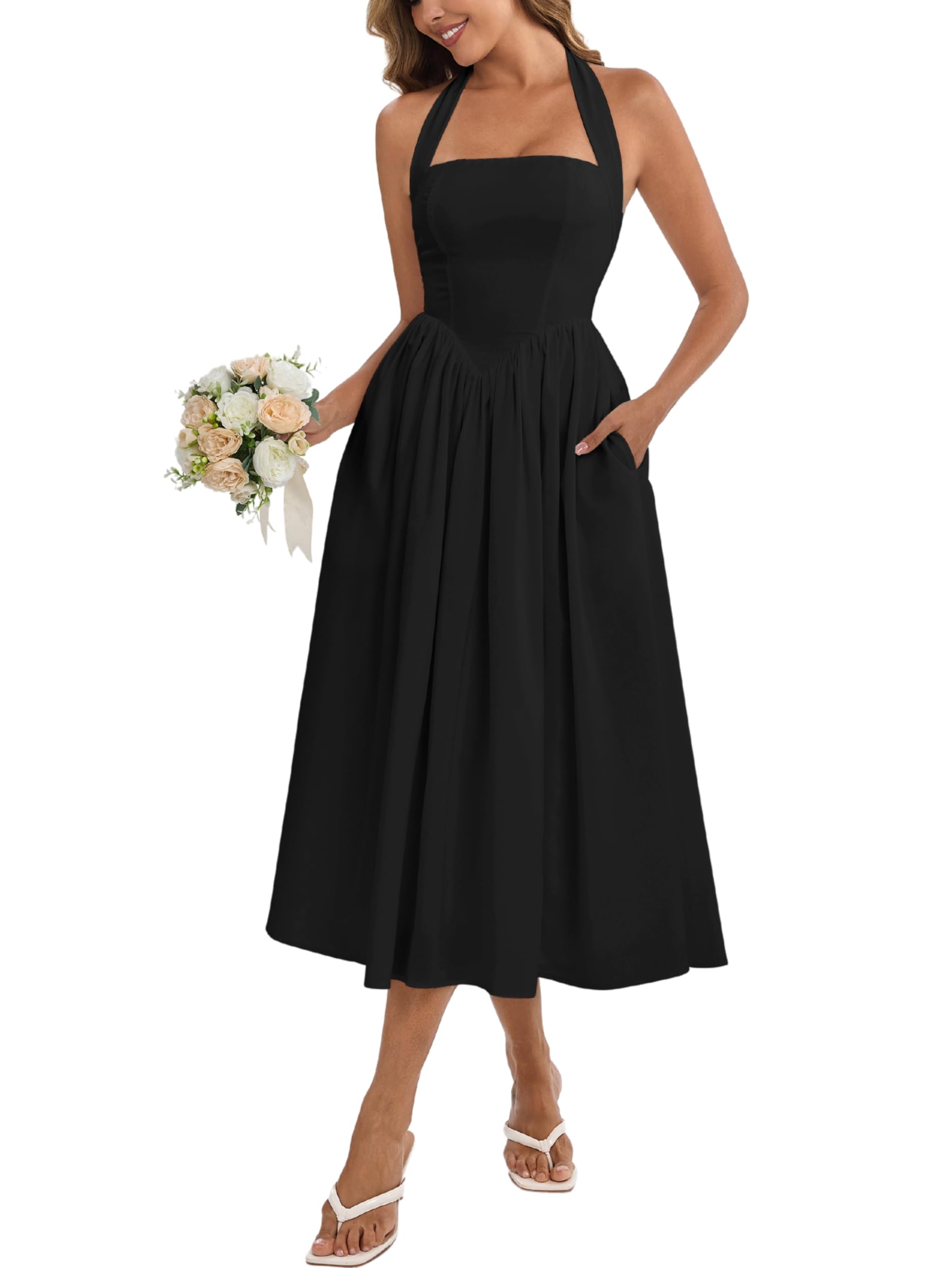 Photo 1 of Parthea Women's Summer Halter Corset Midi Dress 2025 Elegant Smocked Flowy Wedding Guest Dresses with Pockets Black