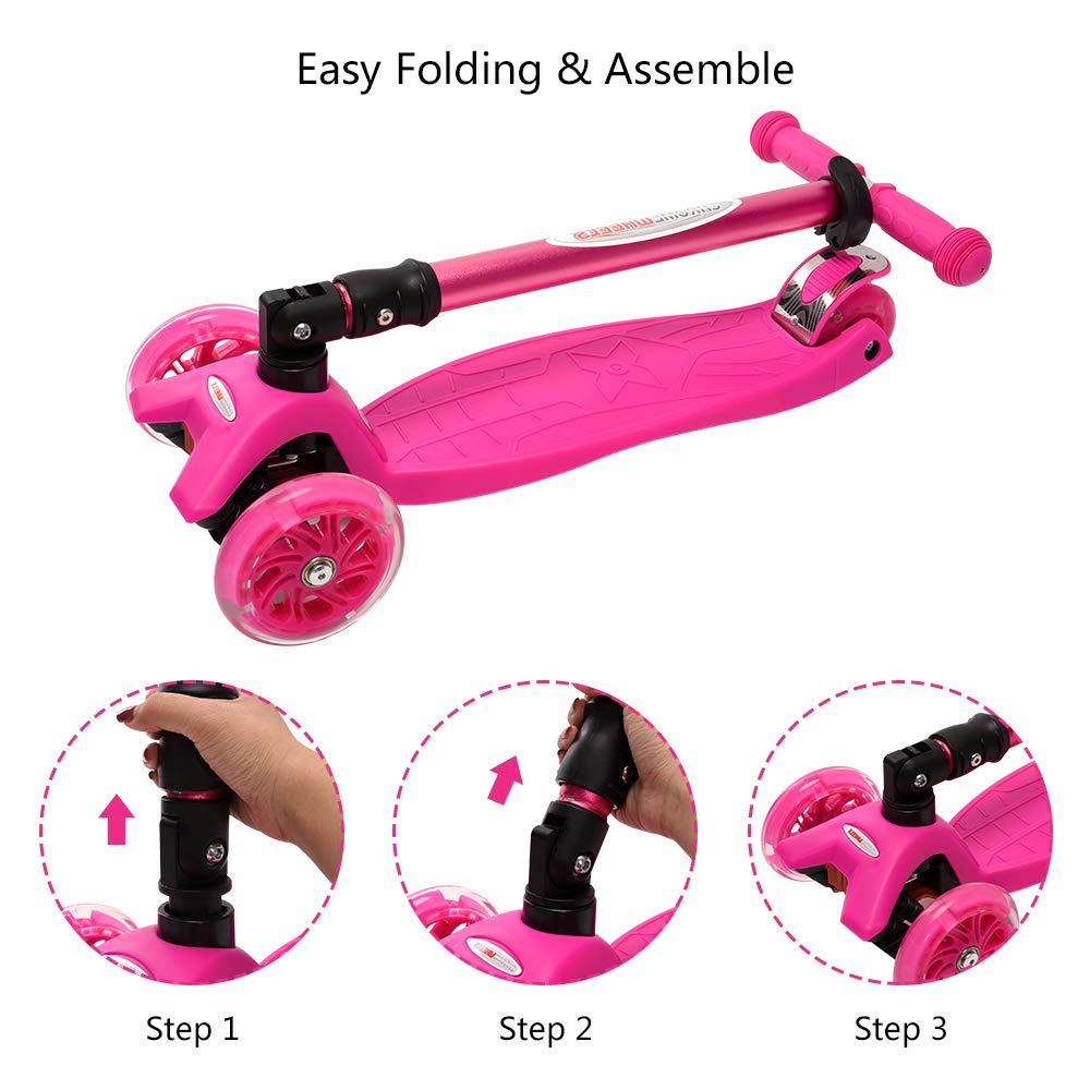ChromeWheels Foldable Scooters for Kids, Deluxe Kick Scooter 4 Adjustable Height 132lbs Weight Limit 3 Wheel, Lean to Steer LED Light Up Wheels, Best Gifts for Girls Boys Age 3-12 Year Old