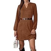 Jayscreate Women's A-line Suede Mini Dress Pocket Elegant 2025 Spring Fall Winter V Neck Long Sleeve Short Dress