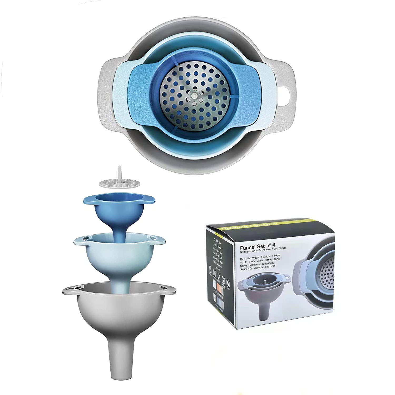 Kitchen Funnel Set-Kitchen Funnel Set with Detachable Strainer & Filter, Nesting Design (4 in 1) Funnel Set for Transferring Fluid,Liquid,Oil,Powder,Jam (200, 10, 1, 762774047017(blue))