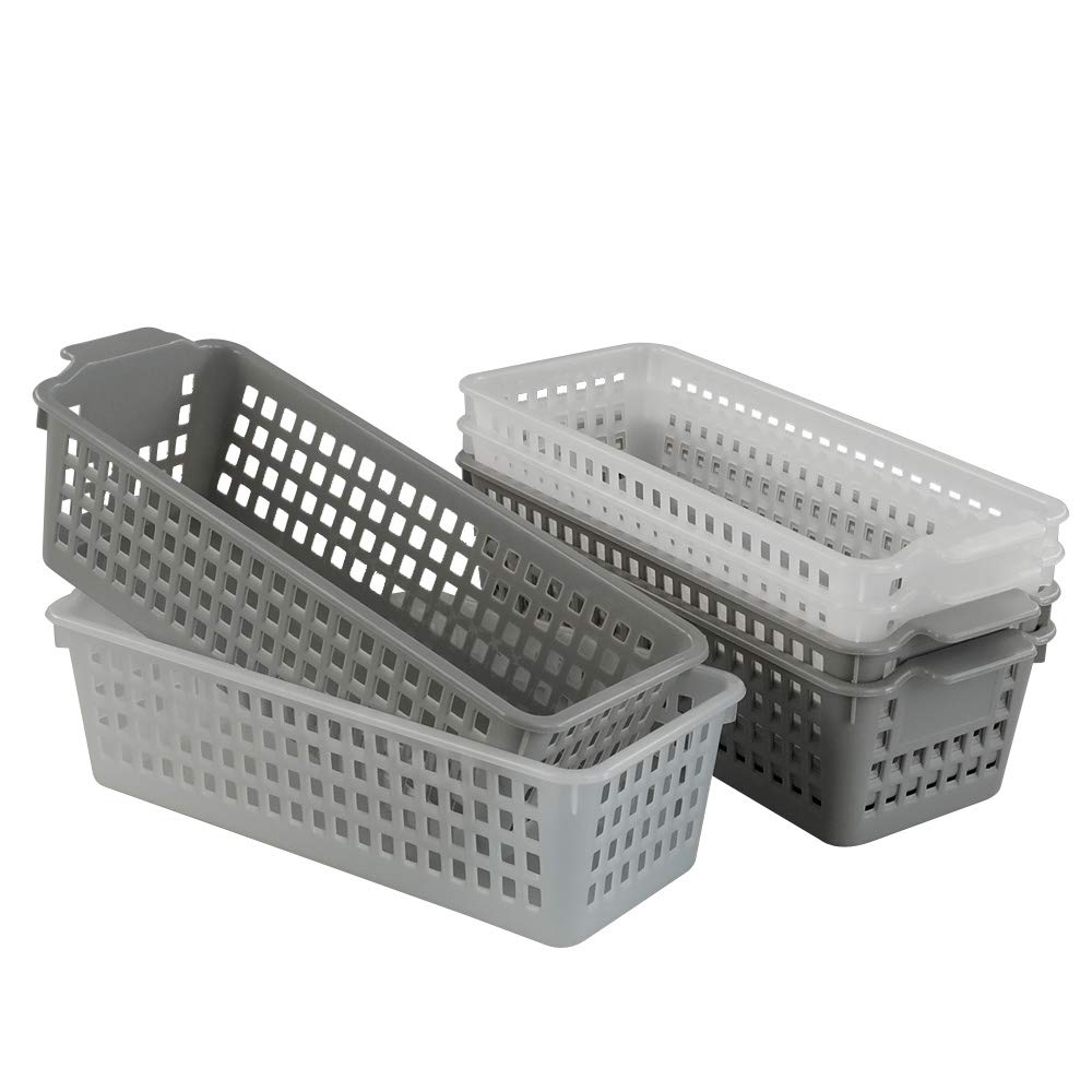 Dynko 6 pack Slim Plastic Storage Baskets, Grey and Clear Narrow Storage Baskets