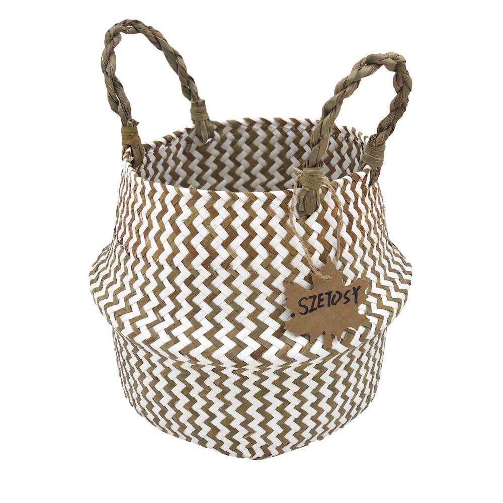 SZETOSY Natural Seagrass Basket - GOODCHANCEUK Seagrass Belly Basket Hand Woven Storage Basket With Handle Toys Laundry Basket Flower Planter White Wave Style#2 27CMx24CM