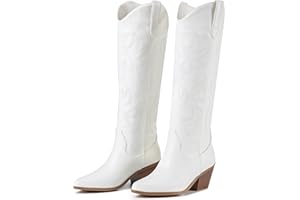 ZXHYZLZ Cowboy Boots For Women 2-Inch Low Heel Comfortable Tall Knee High Western Cowgirl Boots Pointed Toe Botas Vaqueras Para Mujer Classic Embroidered Chunky Heel