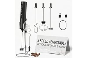 Tomentific Rechargeable Handheld Milk Frother Wand with Stand, 3 Variable Speeds, 3 Whisks, Electric Drink Mixer for Latte, C