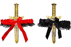 SIMPLE POLYMER 2 Pcs Bow Garter with Pirate Dagger Lace Bow Leg Ring Sword Leg Holster for Halloween Carnival Dress Up Props Women Girls Favor,Red+Black