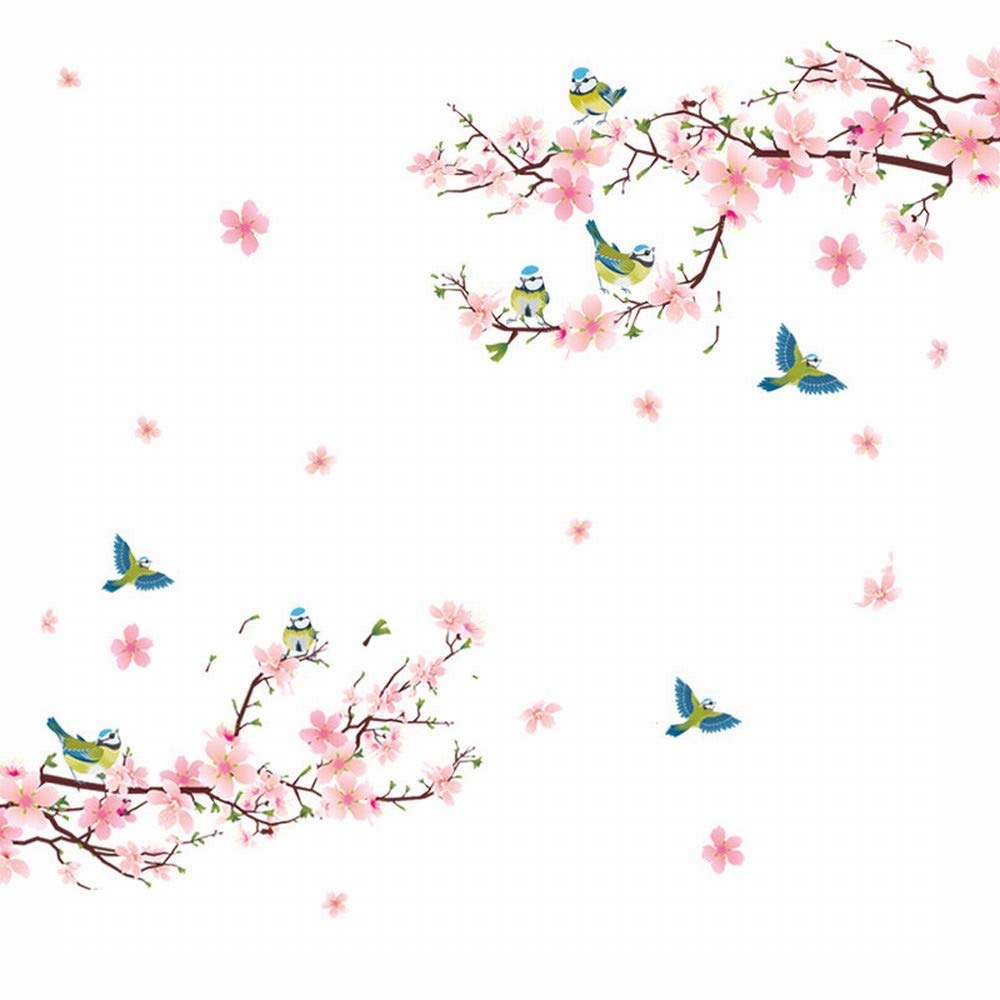 Alicemall Floral Wall Sticker Beautiful Pink Cherry Blossom Peach Flower Wall Sticker Birds and Flowers Pastoral Style Wall Decals for Living Room and Bedroom TV Background Stickers (Pink)
