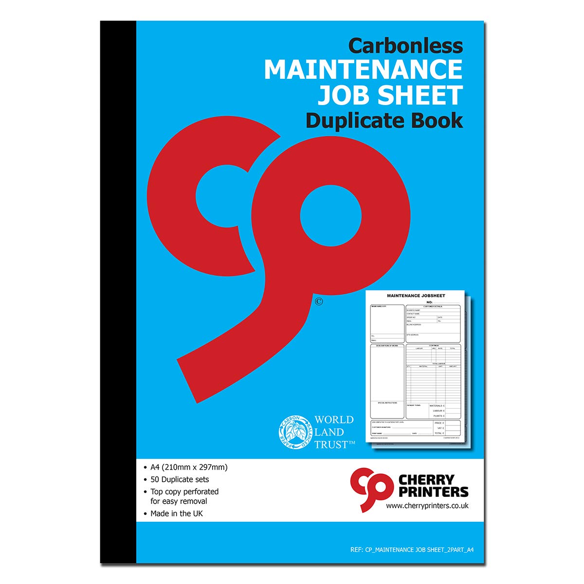 Cherry Carbonless Maintenance Job Sheet Duplicate Book A4 | 2 Part | 50 Sets | Perforated Top Copy | No Carbon Required | Work Order & Repair Record | Ideal for Engineers, Technicians & Contractors