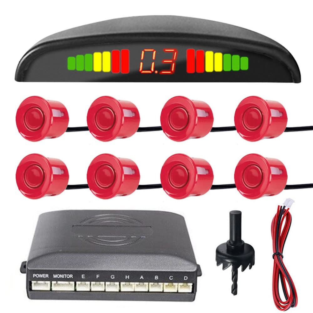 MOCNT Car Reverse Parking Sensors Car Rear Reverse Parking Radar System Car Parking Sensor Kit 8 Sensor Auto Sound Alarm Alert Reverse Backup Radar Display Red