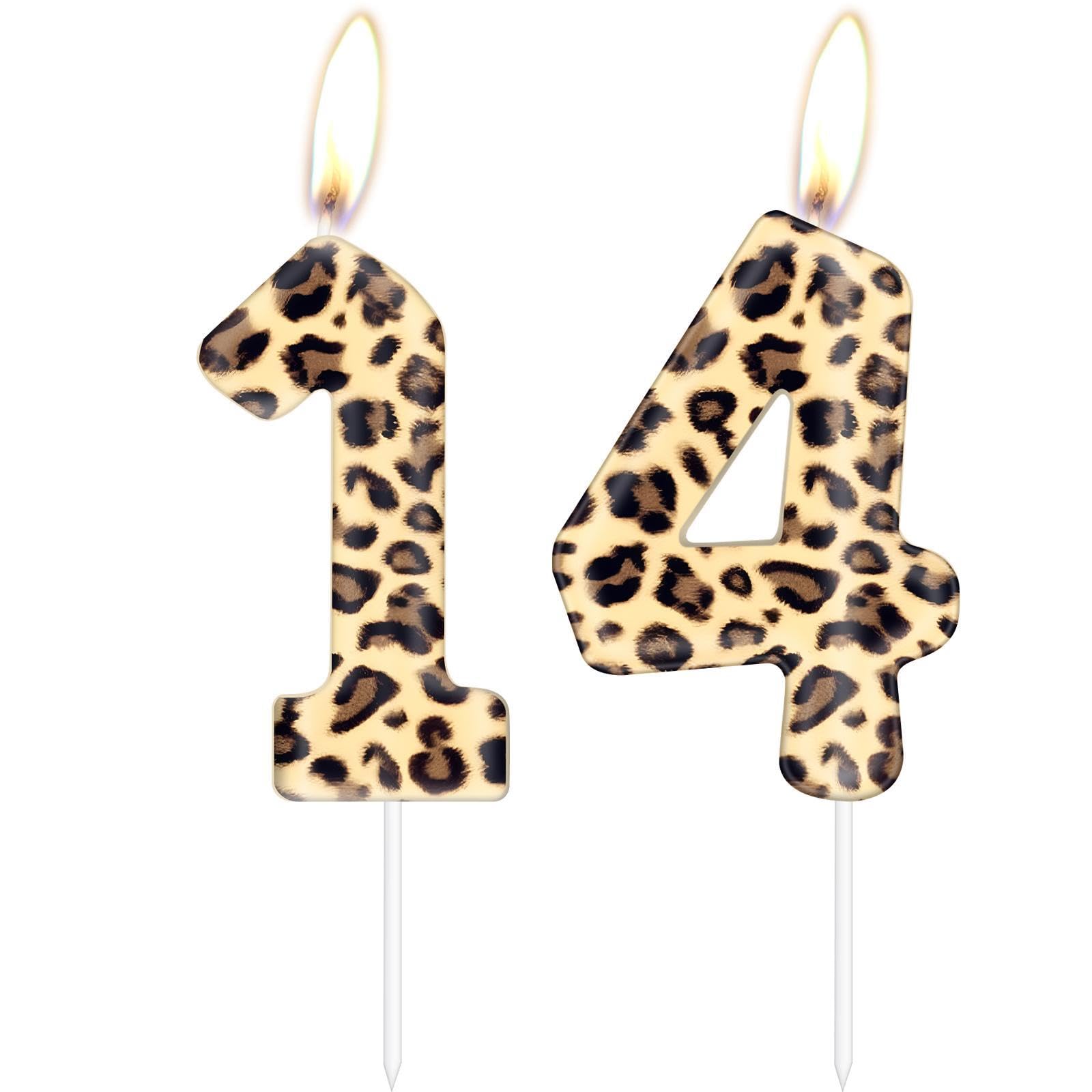 Number 14 Leopard Print Candles, Cheetah Birthday Cake Candles, Animal Print Party Decorations