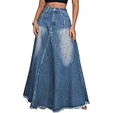 XQR Women's Vintage Full Length Denim Skirts High Waisted Frayed Raw Hem Flared A Line Maxi Long Jean Skirts