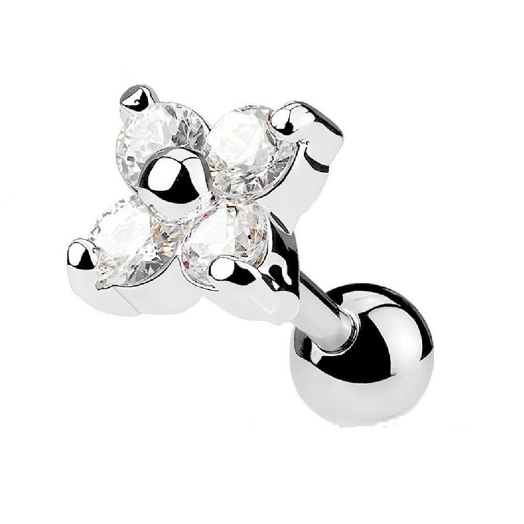 PiercedOff 316L Surgical Steel Cartilage Barbell with Clear Crystal Flower - Thickness 16GA (1.2mm) / Length 6mm / Ball Size 4mm / Flower Size 6mm