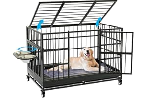 Snuowu 48 Inch Heavy Duty Dog Crate with Wheels and Unique Air Lift Rod, Folding Metal Big Dog Cage for Large Dogs, Extra Large XL XXL Indestructible Dog Crate with Removable Tray.