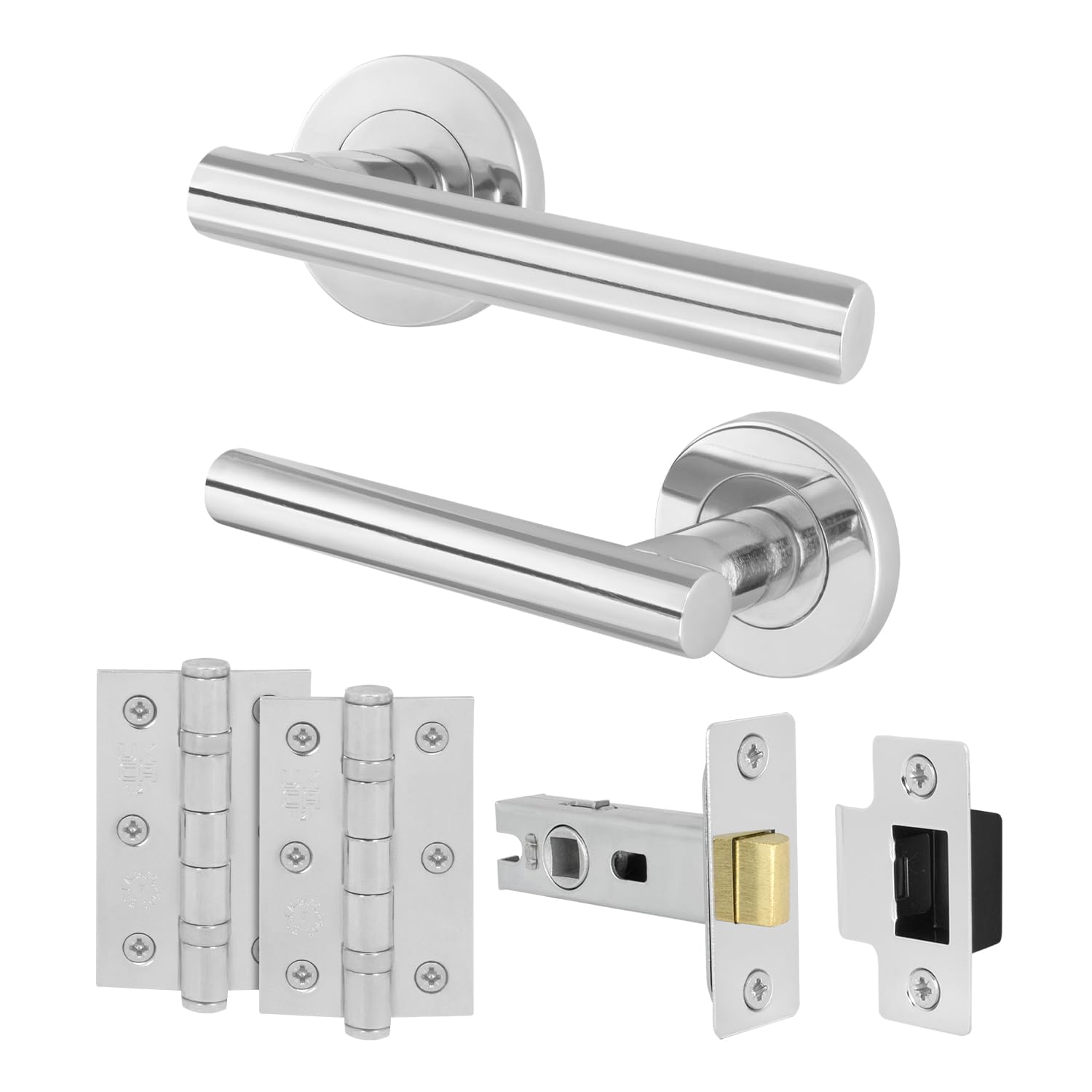 EAI Door Handle Latch Set Polished Chrome | Round T-Bar Internal Door Handles, Latch (64mm) & Hinges (76mm) | Silver Lever on Rose Oliena Range