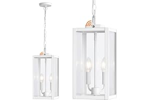 MYHXQ 15.3'' Large Outdoor Pendant Light 2-Light, Dusk to Dawn Modern White Metal Outside Chandelier Exterior Hanging Fixture Ceiling Mount with Clear Glass for Front Porch Entrance Foyer Entryway, 1 Pack
