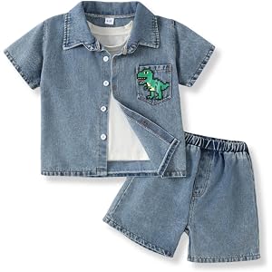 Klyatpxen 2Pcs Toddler Boys Denim Outfit Short Sleeve Button Up Jean Jacket Denim Shorts Summer Spring Clothing Set