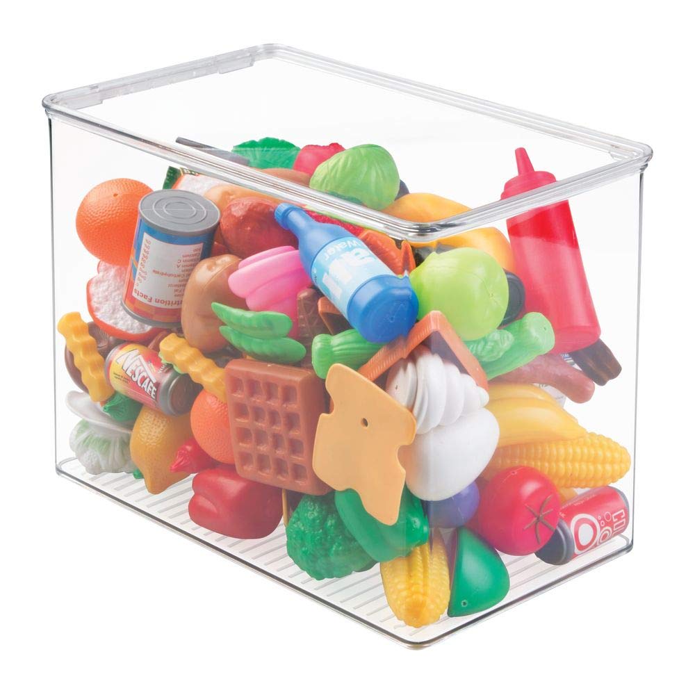 mDesign Stackable Closet Plastic Storage Bin Box with Lid - Container for Organizing Child's/Kids Toys, Action Figures, Crayons, Markers, Building Blocks, Puzzles, Crafts - 9" High - Clear