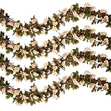 Pauwer 6PCS(44.3FT) Artificial Rose Vine Silk Flower Garland Hanging Fake Roses Flowers Plants for Home Garden Office Hotel Wedding Party Decor, Champagne