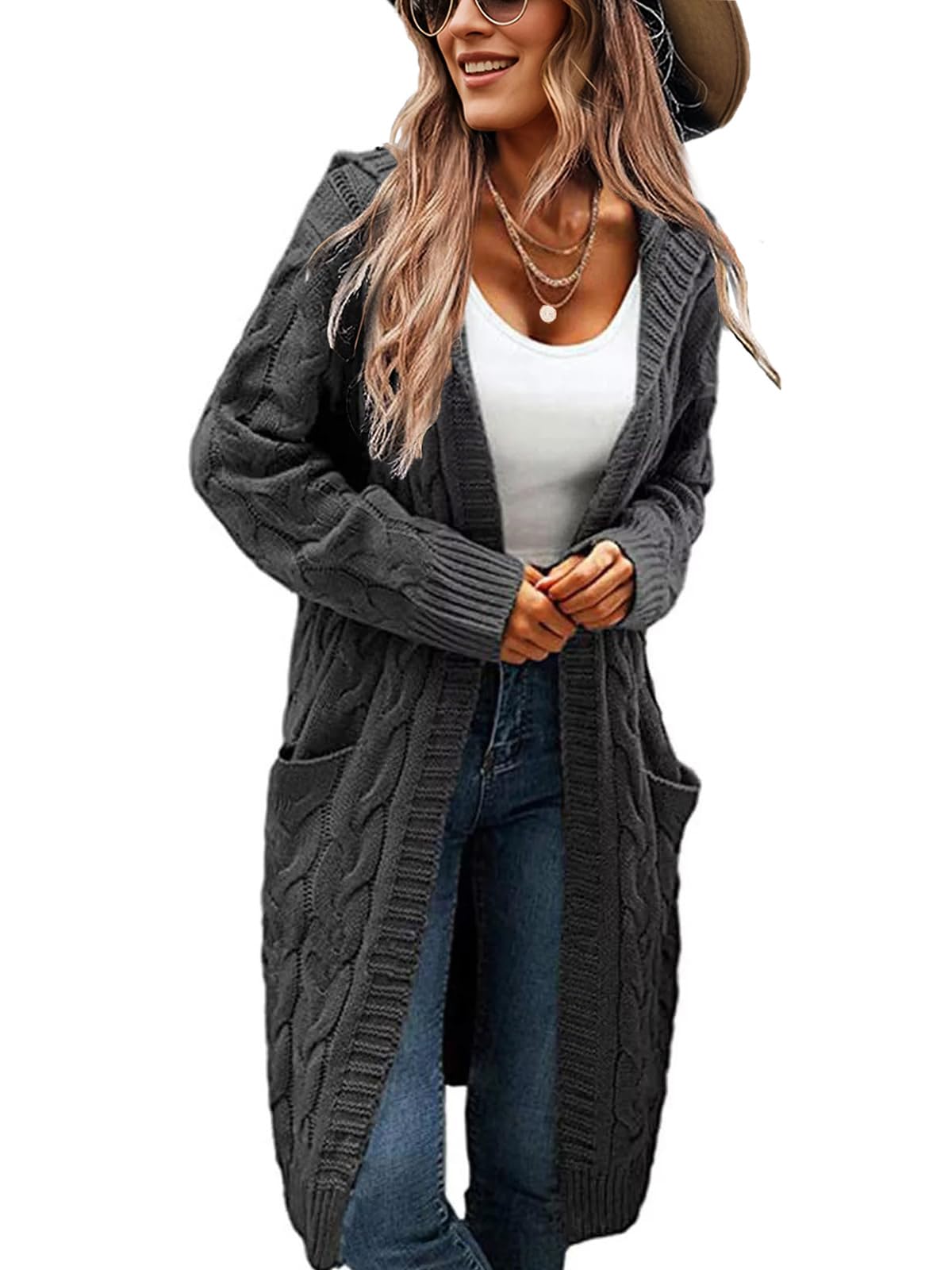 XINWEIZZ Women's Hooded Open Front Long Cardigan Cable Knit Sweaters Side Pocket Oversized Chunky Cardigan Outwear Coat Dark Grey