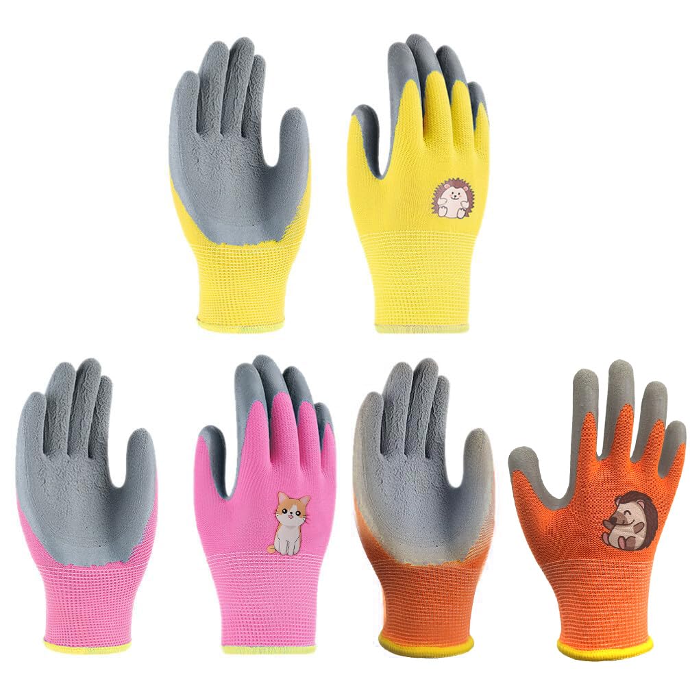 CubePlug Girls and Boys 3 Pairs Kids Gardening Gloves for Age 4-11, Non-Slip Work Gloves, Kids Gardening Work Gloves,Foam Rubber Coated Gardening (Orange+Yellow+Pink, Age(5-7))