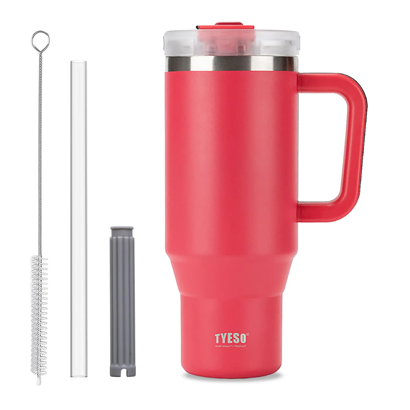 Coffee Cup Travel Mug with Handle, 40oz Tumbler with Lockable Lid, Stainless Steel Vacuum Insulated Water Bottle with Straw, Leakproof & Portable Travel Cup for Hot and Cold Drinks (Rose Red)